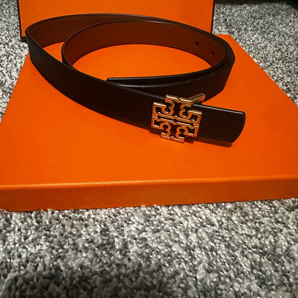 Tory Burch Reversible Black & Brown Belt with Gold Emblem